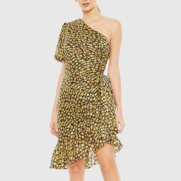 NWT Ieena for Mac Duggal Floral Print Draped One Sleeve Ruffled Hem Dress - Picture 4 of 8